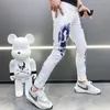 2021 summer white jeans korean slim fashion printed small straight feet large size elastic trendy mens pants