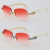 Çerçevesiz Mikro-Asfalt Elmas Set Bayan Erkekler Güneş Gözlüğü Beyaz Hakiki Doğal Bufalo Boynuz Güneş Gözlükleri Erkek ve Kadın Çerçeve Büyük Boy Yuvarlak Lens ile 18 K Altın Optik