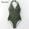 SEASELFIE Sexy V-Ausschnitt Rüschen Neckholder Badeanzug Frau Solid Green Bademode Monokini Strand Badeanzug Beachwear 210712