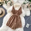 Женщины Сексуальные комбинезоны Playsuits Летняя мода V-образным вырезом без рукавов Высокое талию на шнуровке кармана широкая нога сплошной цвет ползунки M581 210527