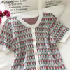 Woherb Sweaters Mode Femmes Floral Cropped Pull Thin Tops Lâche Vintage Tricot Cardigans Vêtements Coréens Mignon Cardigan Perle 210917