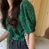 Blusas das mulheres Camiseta Hzirip Vintage Verde Leopard Imprimir Drawstring Spruff Manga V-Neck Senhoras Camisa 2021 Moda All-Match Casual Curto S