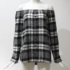 Vrouwen Plaid Shirt Sexy Off Schouder Lange Mouw Tops Shirt Slash Neck Office Dames Blouses Casual Losse Shirts Blusas Femininos 210308