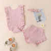 2021 Nya sommarbarn Tjejer Kläder Set Ärmlös Ruffed Lace Romper + Ruffed Short + Bow Headbands 3pcs / Set Boutique Toddler Kläder