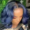 Ombre koronkowe przednie ludzkie peruki włosy Wavy Bob 1B/Blue 13x6lace Frontal Pargia Brazylijska Peruki Zamknięcie Preucked 360lace Full Lacewig dla kobiet linii włosów