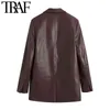 TRAF Women Fashion Faux Leather Blazer Coat Vintage Long Sleeve Welt Pockets Female Outerwear Chic Veste Femme 211116