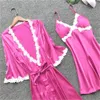 5 SZTUK SET SET Pijamas Zestaw Satin Pyjamamas Sexy Solid Color Nightwear Home Wear Nighty Robe Suit Bielizna Nightie Q0706