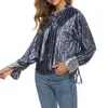 Chemisier en velours bleu pour femmes avec sequins Plus Size Design Bowtie Office Ladies Chemises de travail à manches longues Tops Printemps Hiver 210527