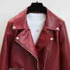 İlkbahar Sonbahar Streetwear Faux Deri Ceket Kadınlar Uzun Kollu Kemer Coat Bayanlar Ile Yaka Açın Bayanlar Kırmızı Biker Dış Giyim 210525