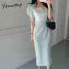 Yitimuceng Midi Dress For Women Summer Elegant Dresses Light Blue White Puff Sleeve High Waist Clothes Korean Fashion 210601