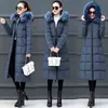 여성 겨울 거품 코트 긴 패딩 된 옷 솔리드 컬러 블랙 겨울 재킷 복어 따뜻한 두꺼운 파카 모피 후드 211130