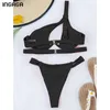 INGAGA Push Up Bikinis Damen Badeanzüge Cut Out Bademode Sexy Schwarz Biquini Micro Tanga Badeanzüge One Shoulder Bikini Set 210702