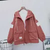 Neploe Contrast Color Hooded Cargo Jacket Autumn Zipper Coat Women Long Sleeve Safari Style Jackets Outerwear 56003 211014