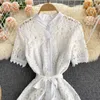 Zomer zwart / wit holle vrouwen single breasted jurk vrouwelijke vintage korte mouw hoge taille party vestidos vrouwelijke gewaad 2021 y0603