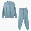 Aelegantmis Set due pezzi maglione lavorato a maglia donna 5 colori casual pullover con cerniera pantaloni elastici a vita alta pantaloni larghi abiti 210607