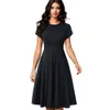 Nice-Forever Elegant Vintage Solid Färg Rund Neck A-Line Vestidos Pinup Business Party Women Flare Swing Dress A157 210419