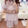 Pijama de algodão de verão Print Cherry Print Two Peça Suits elegante Sleepwear Mulheres Femme Home Chic Sets Soltos 210525