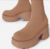 Новая осень зима белые женские ботинки коренастые подошвы платформы носки сапоги растягивающиеся ткани обувь середина теленка толстый каблук Chelsea Biker Beeties