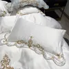 White Soft Satin Silk Cotton Gold Embroidery European Bedding Set Double Duvet Cover Bed Linen Lace Bed Skirt Pillowcases 210706