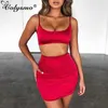 Colysmo Sexy 2 Piece Set Women Clothes Double Layers Two Cropped Tops Satin Mini Skirt Slim Club Outfits 210527