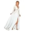 Enkel Long A Line Bröllopsklänning för Bride Full Sleeve V Neck Brudklänningar Sexig Split Front Vestidos de Novia Long Boho Beach Dresses 2022