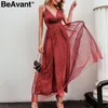 Beavant Sexy Evening Party Lace Dress Mulheres Elegante V Pescoço Alto Wiast Malha Verão Vestidos De Verão Night Club Senhoras Rosa Longa Vestidos 210709