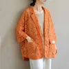 Kvinnors kostymer Blazers Hollow Lace Blazer Women 2021 Sommar Loose Elegant V-Neck Top Preppy Style Solid Cardigan Womens Jacket