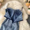 DEAT Arrivi estivi Sexy senza maniche senza spalline blu a vita alta Mini abito corto in denim Donna MI844 210709