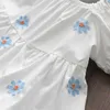 Baby tjejer casual kostymer 2021 sommar nya mode kort ärm klänningar barn söt blommig fest vestidos prinsessa kläder 3-7 y Q0716