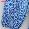 Tangada Fashion Women Blue Flowers Print Dress with Slash Long Sleeve Ladies Midi Dress 1F231 210609