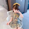 여름 도착 여자 패션 플로랄 드레스 키즈 cheongsam 민소매 드레스 210528