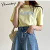 Yitimuceng Letter Print T Shirts Kvinna Oversize Casual Tees Harajuku Ljus Lila Vit Gul Top Sommar Mode Shirts 210601