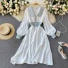 Women Fashion Retro Beaded A-line Dress Doll Collar Long Sleeve Slim Elegant Clothing Vestidos Mujer R358 210527