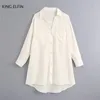 Kvinnors Blusar King ELFIN Fashion Shirt 2021 Sommar Casual Loose Lapel Pocket Singel Breasted Linne Vit Blus Kvinna