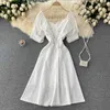 Women White Embroidered Dress Summer Vintage Beading Short Puff Sleeve High Waist Casual Vestidos Ladies Elegant Slim Robe 2021 Y0603