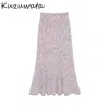 Kuzuwata vintage cintura alta impressão trombeta saia primavera verão novo simples saias japão estilo elegante temperamento jupe 210310