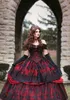 Gothic Belle Red Black Lace Wedding Gown Vintage Lace-up Corset Steampunk Sleeping Beauty Off Shoulder Plus Size Bridal Gown