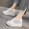 Klänning Skor Kvinnor Sommar Chunky Sneakers Air Mesh Hollow Out Äkta Läder Vit Wedge Platform Heel Pumps Mujer Bombas