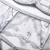 Lace satin broderi blomma underkläder transparent sexig thong garter kostym kvinnor bh och trosor sätter underkläder Feminina 211104