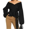 Women's Blouses & Shirts Ruffle Long Sleeve Elegant Polyester Daily Party Women Blouse Holiday Solid Casual Soft V Neck Tie Waist Off Should