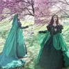 Vintage Green Dresses Long Sleeves Black Lace Applique Cloak Cape Custom Made Costume Wedding Bridal Gown Tiered Skirt Plus Size