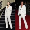 Witte aangepaste vrouwenbroek Suits Double Breasted Office Lady Blazer Suit Wear Prom Party Business Outfits (jas + broek