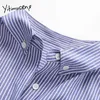 Yitimuceng gestreepte knop blouse vrouwen shirts losse massieve lente vierkante kraag shirt mouw single breasted kleding tops 210601