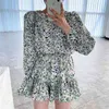 韓国の花のドレス女性の服ビンテージグリーンプリントシックな獣医スリムウエストOネックミニドレス女性春服210603