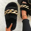 Große bequeme flauschige Pelz-Hausrutschen-Schuhe für Damen-Winter-Slipper-Frauen-offene runde Zehen-Flip-Flops-Metallkette große Größe 43 H0914