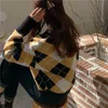 AelegantMis Spring Vintage Argyle Sweter Pullover Kobiety Koreański Retro Miękkie Ciepłe Stylowe Kobiece Dzianiny Chic 210607