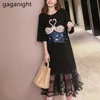 Summer Woman Short Sleeve Black Midi Gauze&Cotton T Shirt Dress Plus Size Embroidery Ladies T-Shirt Party Dresses Robe 210601