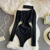 Frauen Solide Strick Bodysuit Neckholder Eine Schulter Lange Hülse Dünne Overall Chic Off schulter Body Top Bodysuits 210720