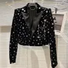 Spring New design women's fashion turn down collar velvet fabric paillette shinny stars pattern long sleeve short jacket coat SML