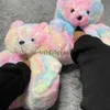 Teddybär Hausschuhe Frauen Nette Cartoon Rutschen Pelzige Warme Weiche Schuhe Hause Rutschfeste Baumwolle Flip Flops Regenbogen Teddies Bär Slipper Y0406